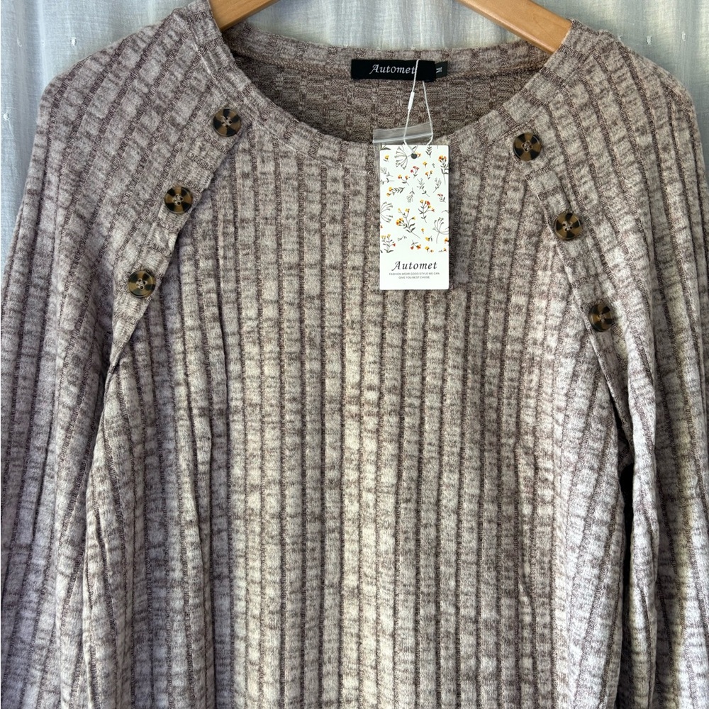 Ribbed Scoop Neck Button-Accent Sweater - Taupe - Picture 3 of 8